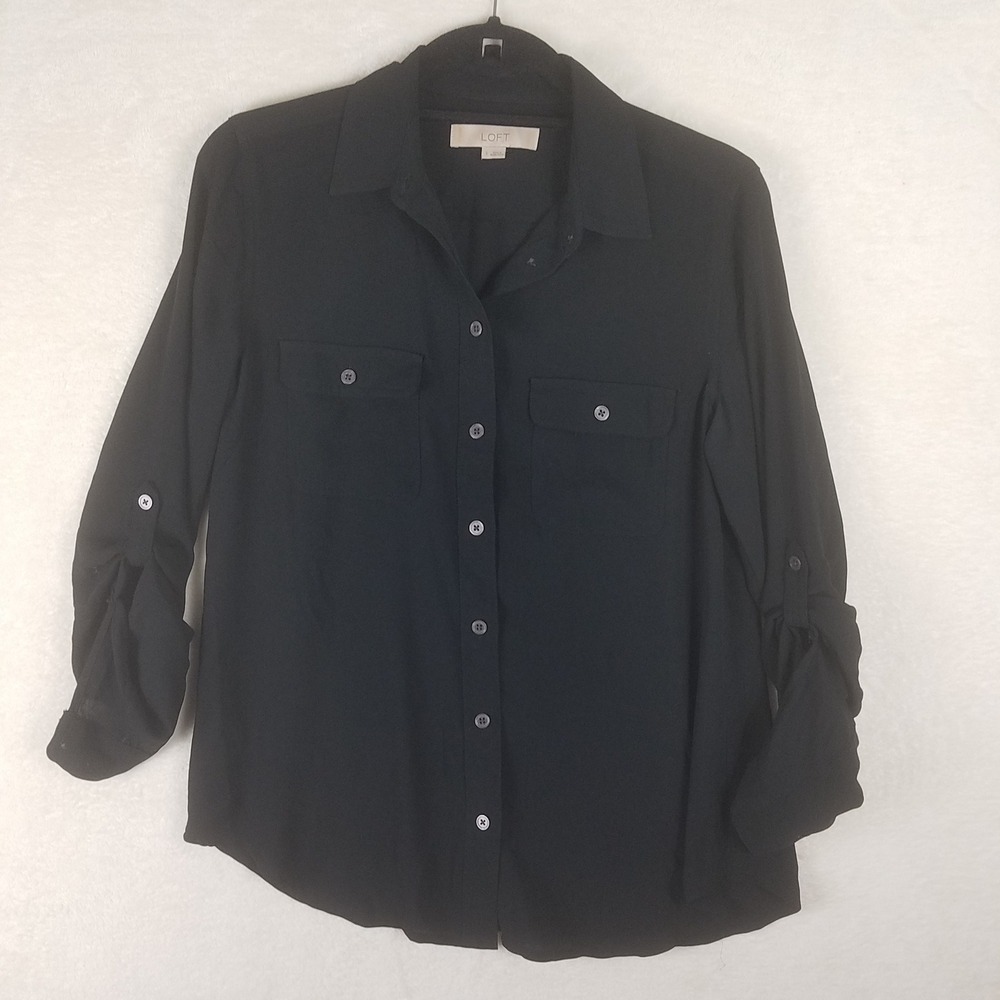 LOFT Black Button Front Roll Tab Sleeve Utility Shirt Women's S sheer chiffon